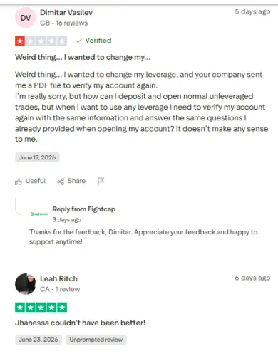 تقييمات Trustpilot حول شركة Eightcap