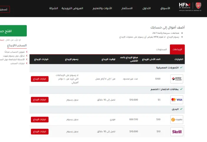 طرق الإيداع والسحب في شركة إتش إف إم HFM