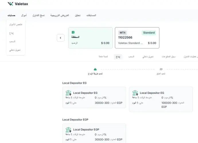 طرق الايداع و السحب المتاحة لدى شركة Valetax